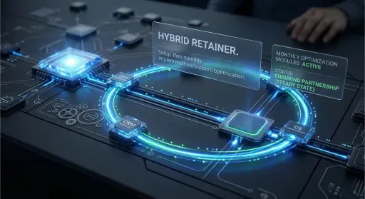 Hybrid retainer delivery model with ongoing monthly execution.